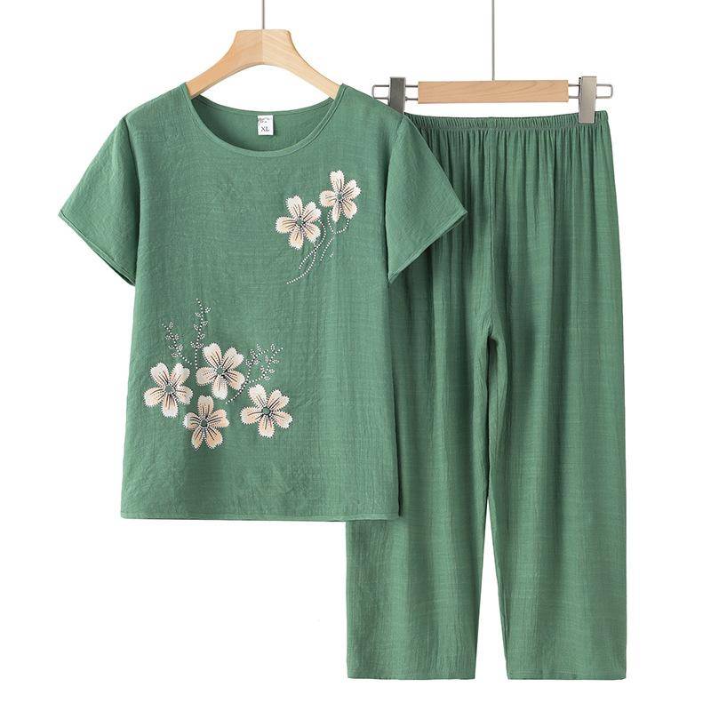 2PCS Mutter Nachthemd Leinen Baumwolle Hause Kleidung Plus Größe Pyjamas Sets Weibliche Kurzarm Sommer Frauen Pijama XXXXL grün von Joom DACH