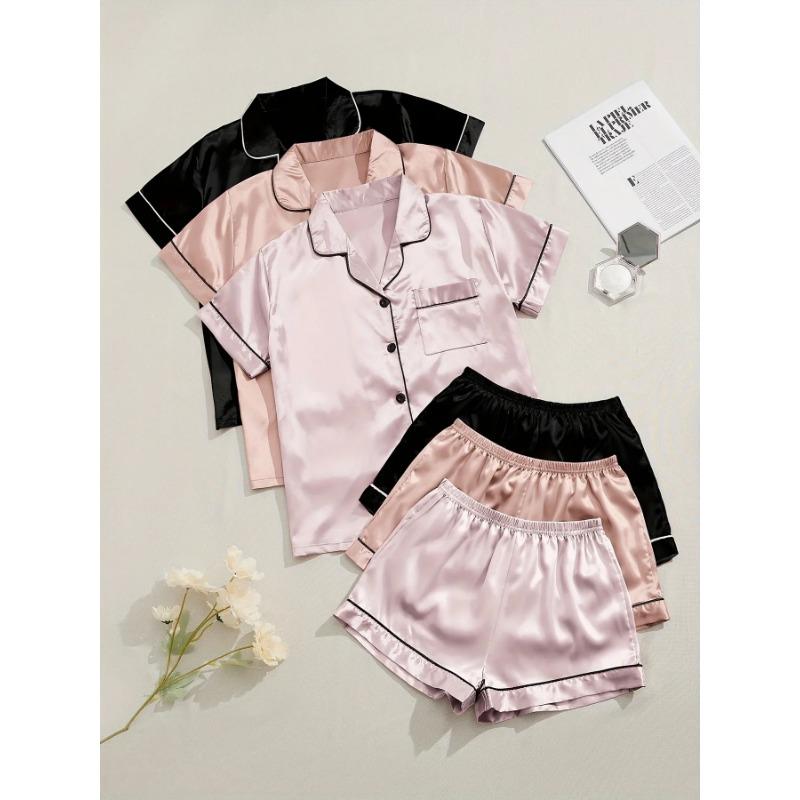 3 Sets Satin-Pyjama-Set für Damen Sommer Neu Kurzarm Revers-Oberteil & Shorts mit elastischem Bund Set Damen-Nachtwäsche Loungewear M von Joom DACH
