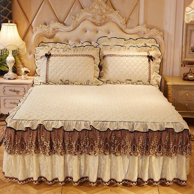 3 Stück Bettwäsche Textil Prinzessin Spitze gesteppte Bettdecke Tagesdecke Polyester Baumwolle Luxus Bettdecke Röcke Spitze Bettdecke Rock Futter 150*200cm beige von Joom DACH