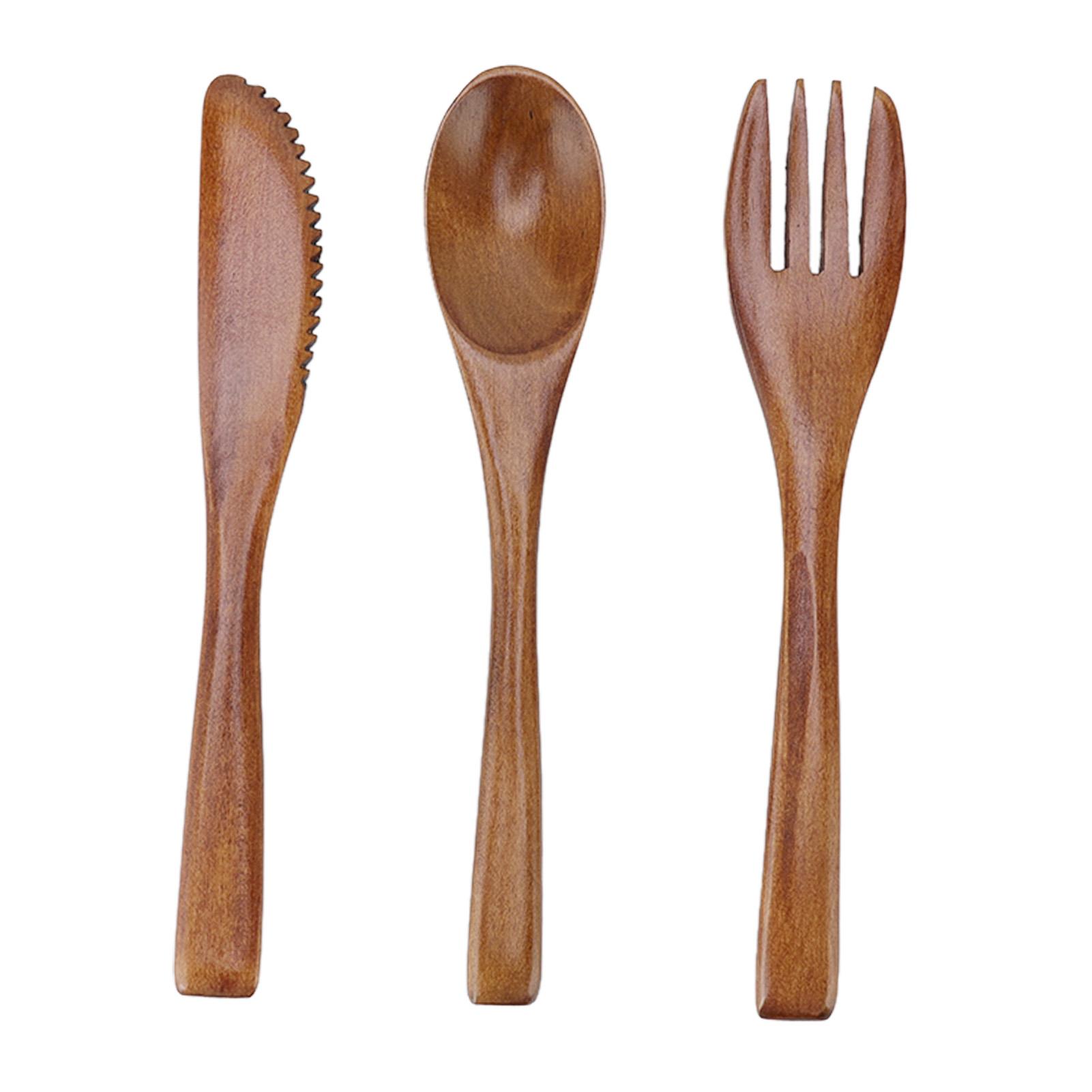 3 Stück Holz Messer Gabel Löffel Set Wiederverwendbar Gerader Griff Phoebe Holz Abendessen Besteck Set für L(for 6.5-9kg) von Joom DACH