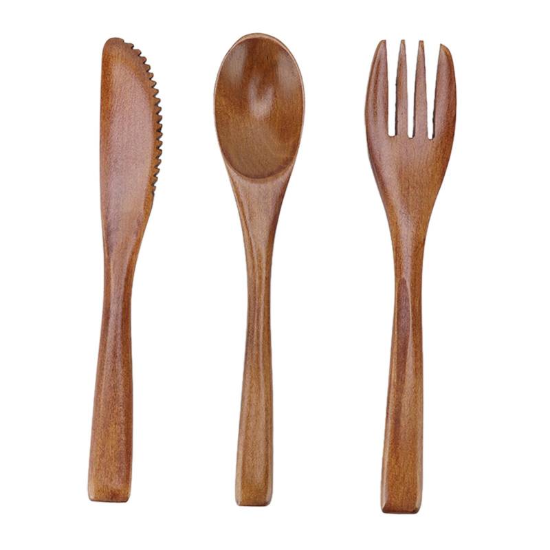 3 Stück Holz Messer Gabel Löffel Set Wiederverwendbar Gerader Griff Phoebe Holz Abendessen Besteck Set für L(for 6.5-9kg) von Joom DACH