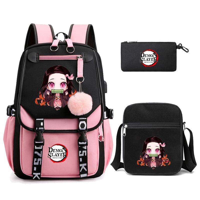 3 Teile/satz Dämon Slayer Kamado Nezuko Rucksäcke für Mädchen Anime Schule Tasche Teenager Student Leinwand Laptop Rucksack Frauen Rucksack von Joom DACH