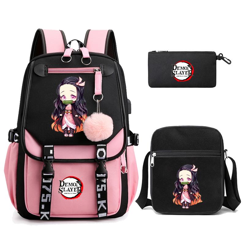 3 Teile/satz Dämon Slayer Kamado Nezuko Rucksäcke für Mädchen Anime Schule Tasche Teenager Student Leinwand Laptop Rucksack Frauen Rucksack von Joom DACH