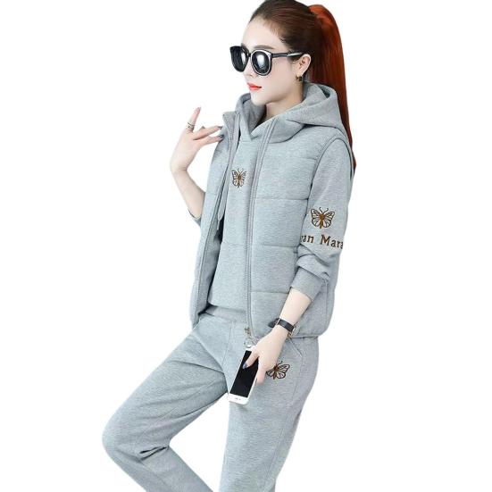3 Teile/satz Frauen Weste Hoodie Hosen Set Zip-up Padded Mantel Stickerei Mit Kapuze L grau von Joom DACH