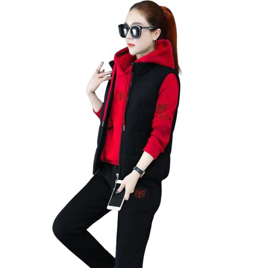 3 Teile/satz Frauen Weste Hoodie Hosen Set Zip-up Padded Mantel Stickerei Mit Kapuze XXL rot von Joom DACH