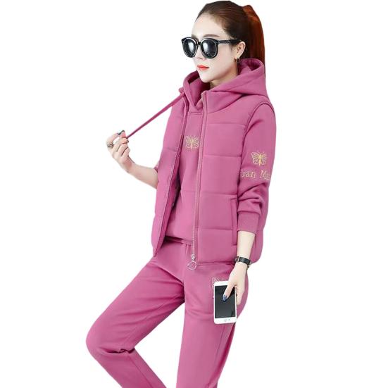 3 Teile/satz Frauen Weste Hoodie Hosen Set Zip-up Padded Mantel Stickerei Mit Kapuze XXXL rose rot von Joom DACH