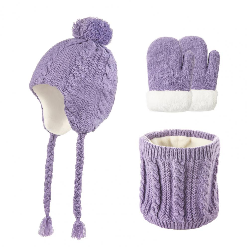 3 Teile/satz Kinder Hut Schal Handschuh Set Verdickt Plüsch Ball Decor Verdrehte Textur Gestrickte Wärme Retention Winddicht Warme Mädchen Bo licht lila von Joom DACH