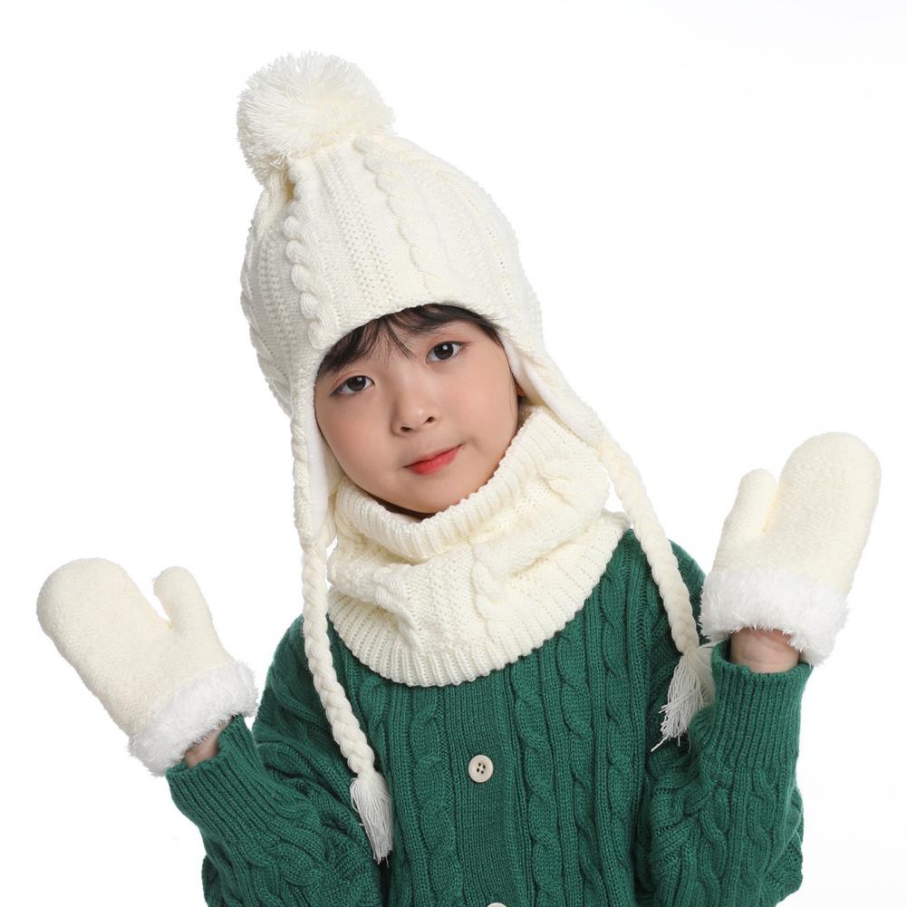 3 Teile/satz Kinder Hut Schal Handschuh Set Verdickt Plüsch Ball Decor Verdrehte Textur Gestrickte Wärme Retention Winddicht Warme Mädchen Bo weiß von Joom DACH