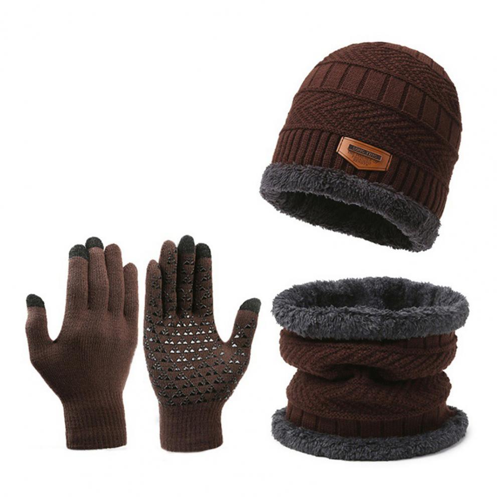 3 Teile/satz Männer Winter Hut Schal Handschuhe Set Dick Gestrickte Weiche Warme Elastische Bunte Ohr Fünf braun von Joom DACH