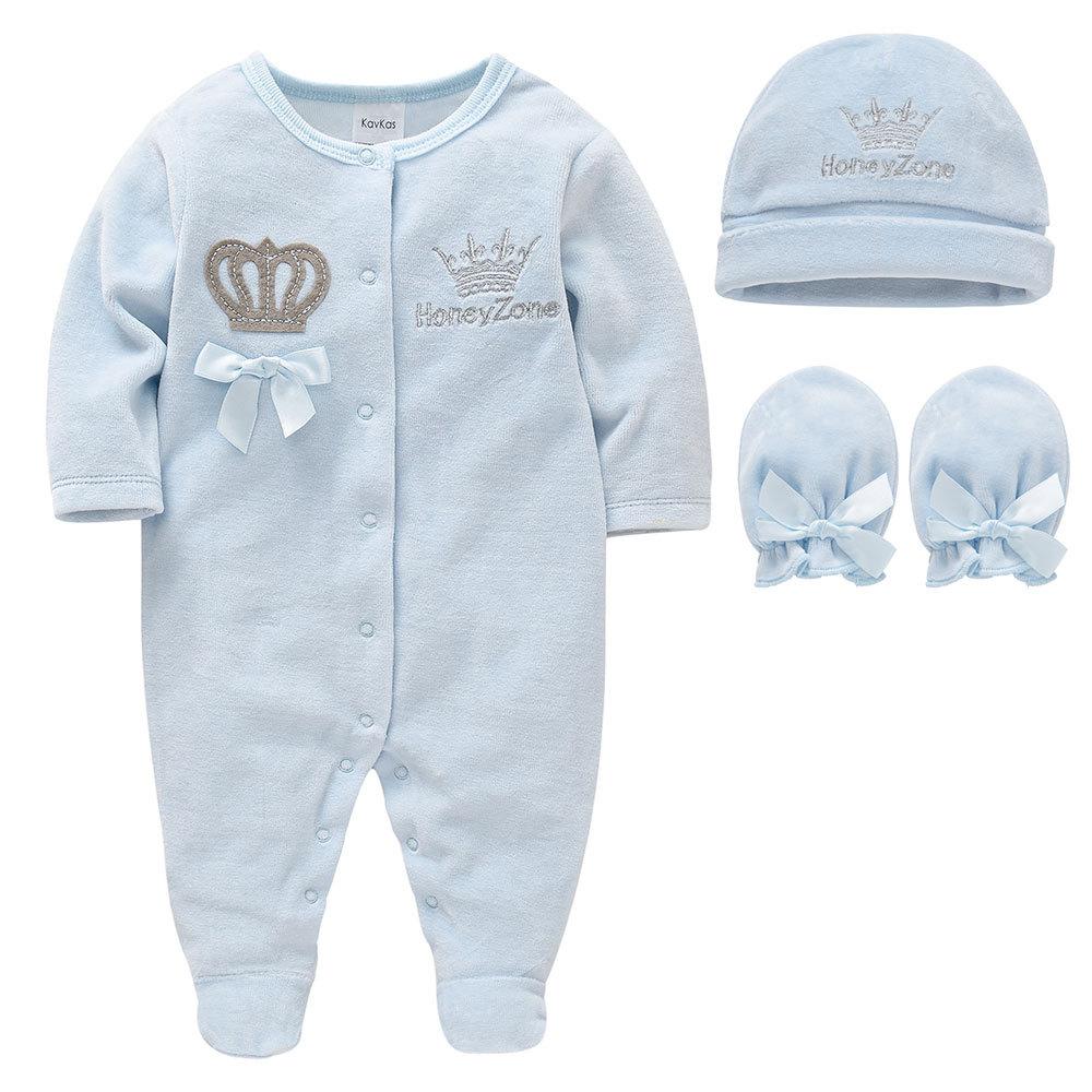 3 Teile/satz Romper + Hut + Handschuh Baby Kleidung Set Herbst Winter Warme Baumwolle Kinder Strampler Onesies Neugeborene Overall Pyjamas 2024 0-3m hellblaue von Joom DACH
