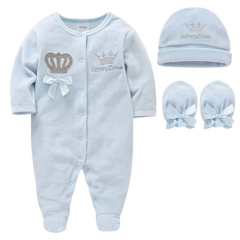3 Teile/satz Romper + Hut + Handschuh Baby Kleidung Set Herbst Winter Warme Baumwolle Kinder Strampler Onesies Neugeborene Overall Pyjamas 2024 0-3m hellblaue von Joom DACH