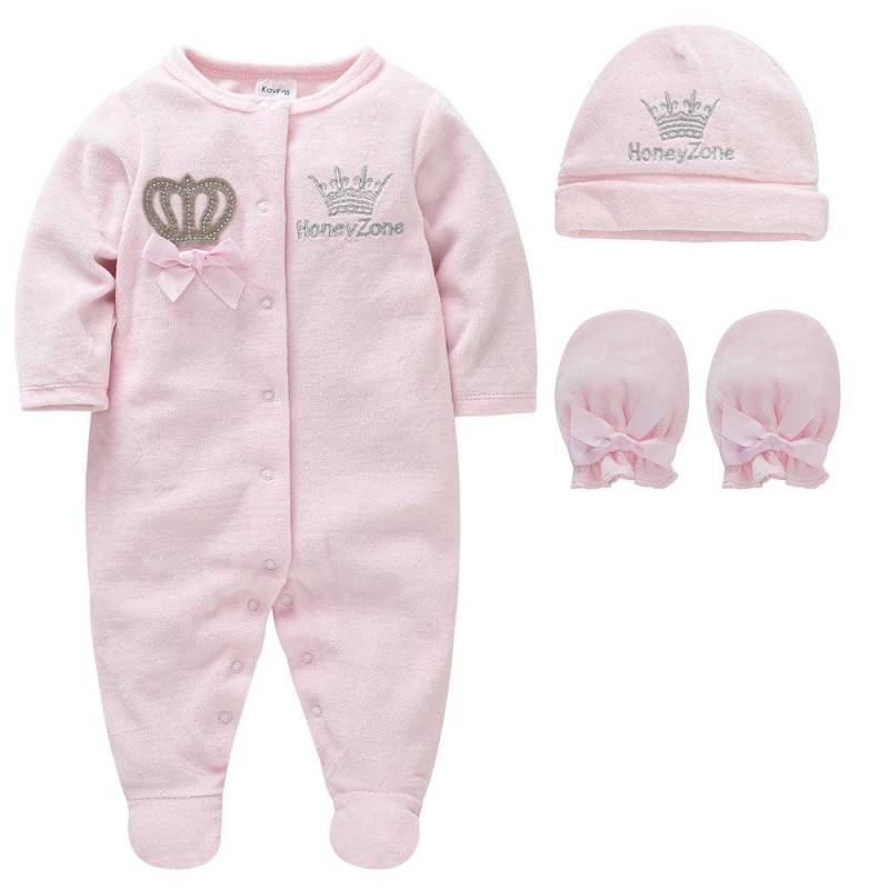 3 Teile/satz Romper + Hut + Handschuh Baby Kleidung Set Herbst Winter Warme Baumwolle Kinder Strampler Onesies Neugeborene Overall Pyjamas 2024 0-3m hellrosa von Joom DACH