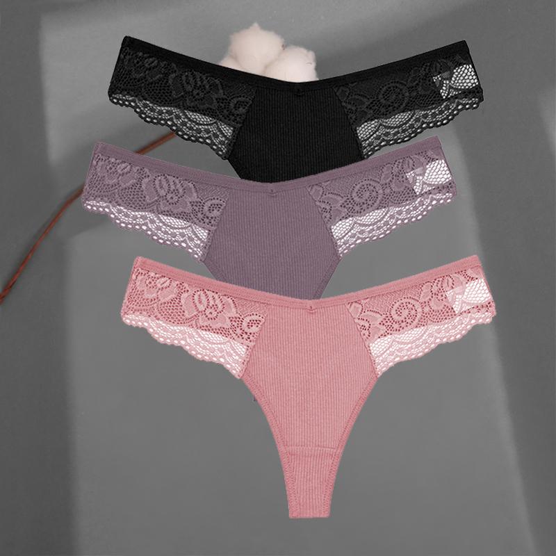 3 Teile/satz frauen Baumwolle Thongs Spitze Bikini Unterhose S-XL Damen G-string Unterwäsche Weiche Tanga Höschen Weibliche Dessous L von Joom DACH