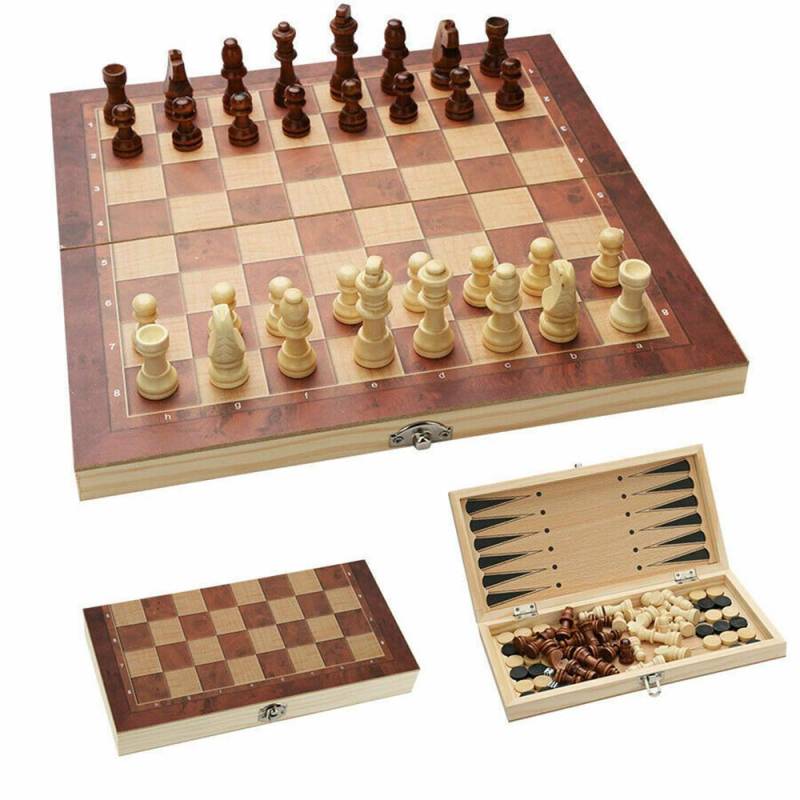 3-in-1 großes faltbares Holz-Schachspiel, Brettspiel, Dame, Backgammon, Drafts-Spielzeug von Joom DACH