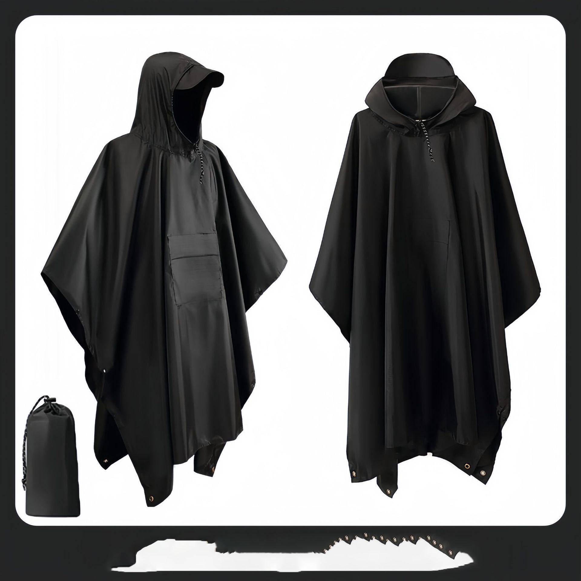 3-in-1 wasserdichter langer Regenmantel für Erwachsene, Damen und Herren, Regenmanteljacke mit Kapuze, Poncho für Outdoor-Wanderungen, Reisen, Angeln, Regenbekleidung One Size schwarz von Joom DACH