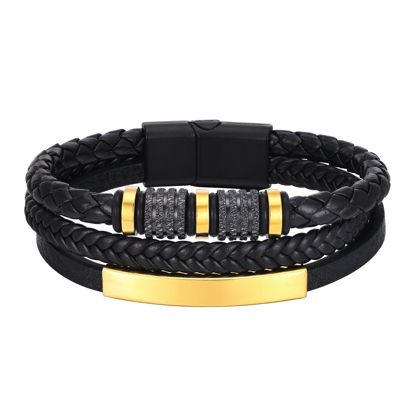 3-lagige schwarze PU-Lederarmbänder für Männer, gewebtes Lederarmband, kostenloses personalisiertes Edelstahl-Armband als Geschenk für ihn von Joom DACH