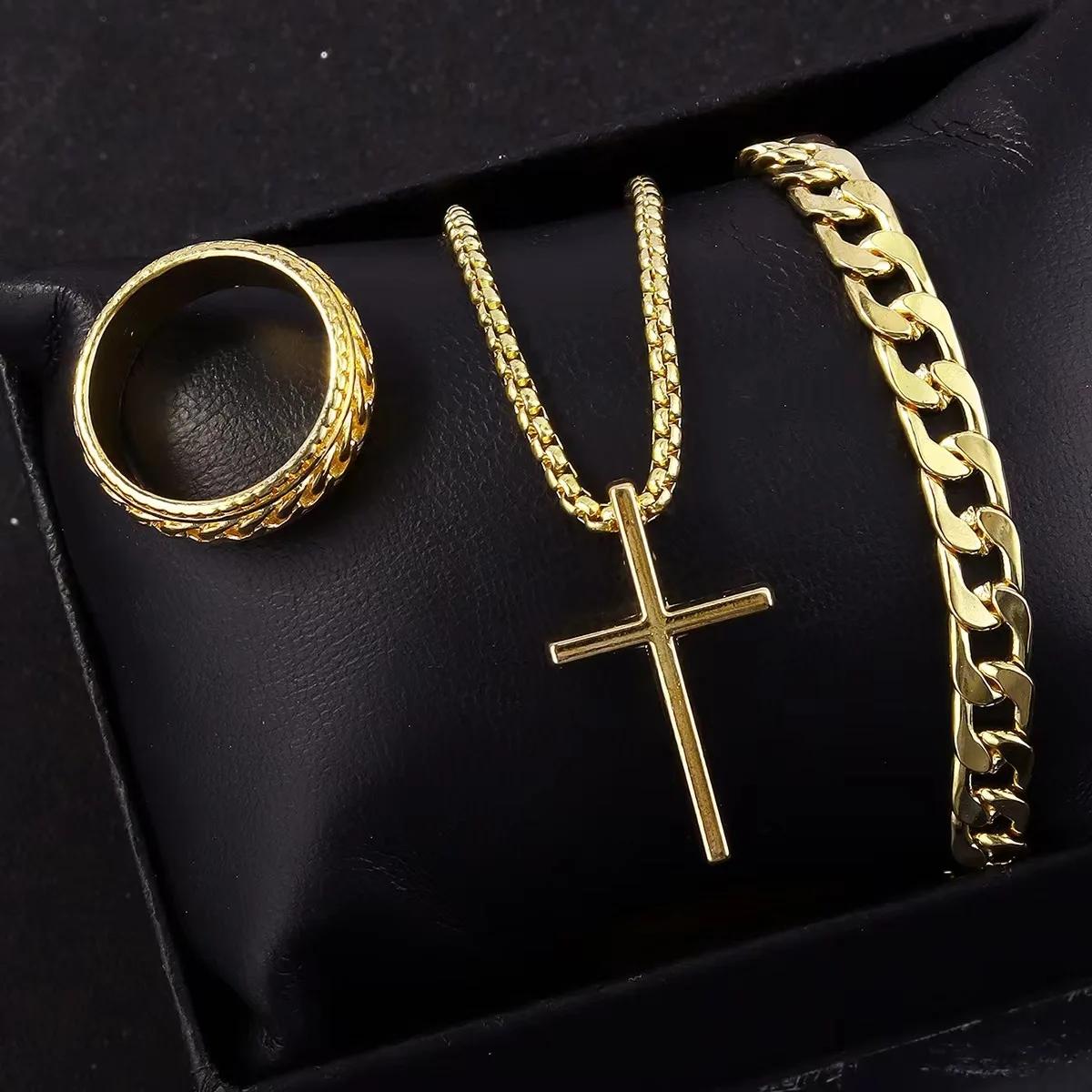 3 teile/satz Punk Schwarz Kreuz Anhänger Halskette Dicke Kette Armband Ring Mode Schmuck Sets Männer für Herbst gold von Joom DACH