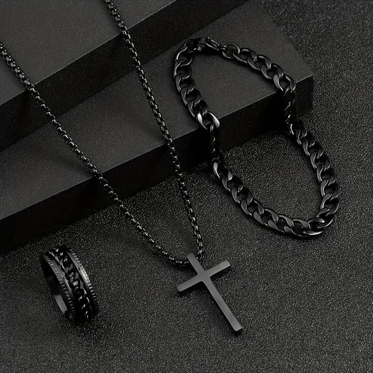 3 teile/satz Punk Schwarz Kreuz Anhänger Halskette Dicke Kette Armband Ring Mode Schmuck Sets Männer für Herbst schwarz von Joom DACH