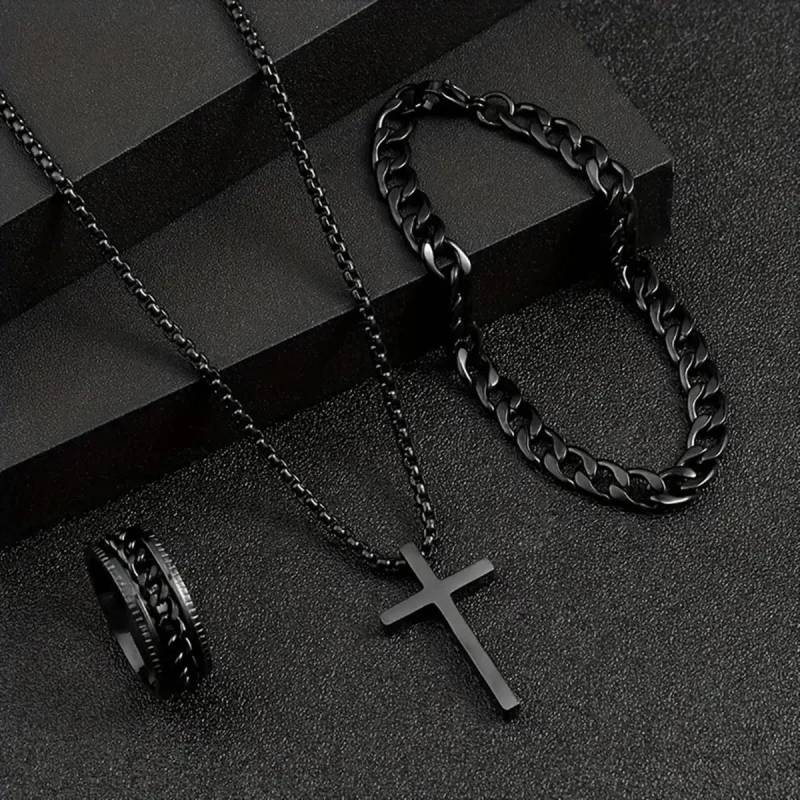 3 teile/satz Punk Schwarz Kreuz Anhänger Halskette Dicke Kette Armband Ring Mode Schmuck Sets Männer für Herbst schwarz von Joom DACH