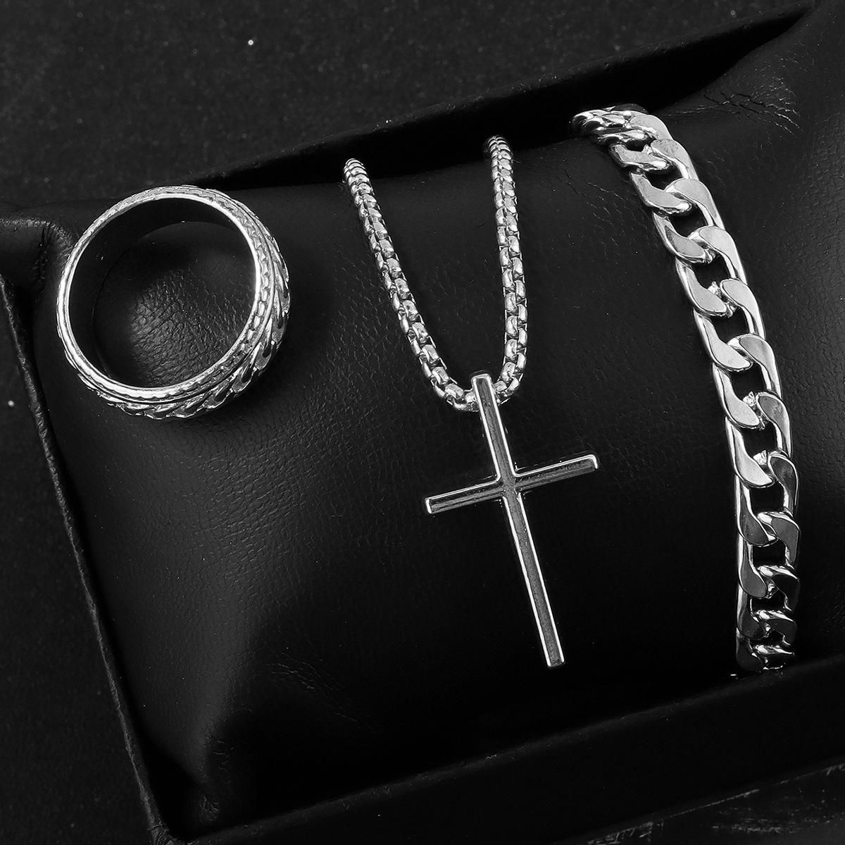 3 teile/satz Punk Schwarz Kreuz Anhänger Halskette Dicke Kette Armband Ring Mode Schmuck Sets Männer für Herbst silber von Joom DACH