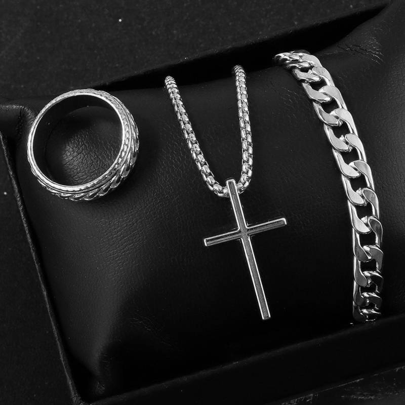3 teile/satz Punk Schwarz Kreuz Anhänger Halskette Dicke Kette Armband Ring Mode Schmuck Sets Männer für Herbst silber von Joom DACH