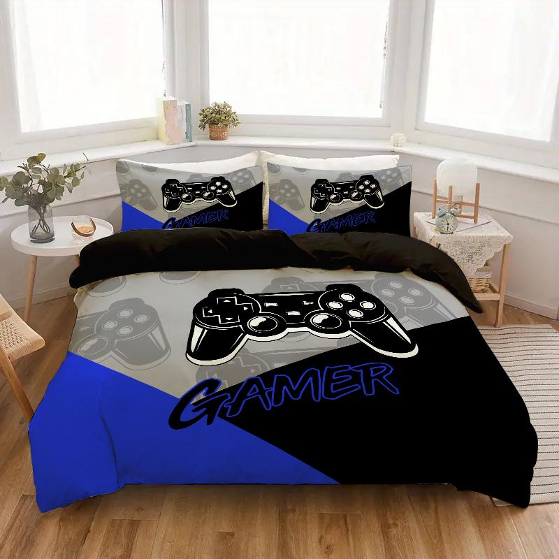 3-teilige Patchwork-Spielkonsolen-Bettwäsche Rot Schwarz Blau Schwarz 100% Polyester 1 Bettbezug 2 Kissenbezüge Digitaldruck Keine Füllung EUsingle135x200cm von Joom DACH