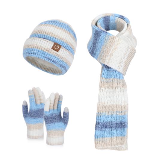 3-teiliges/Set Damen Wintermütze Schal Handschuhe Set Verdicktes Samtfutter Strickmütze Langer Schal Touchscreen-Handschuhe Set Winteraccessoires blau von Joom DACH
