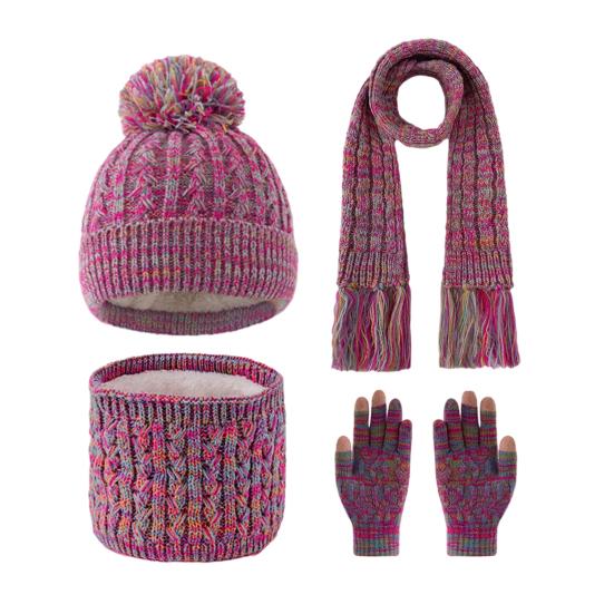 3-teiliges/Set Kinder Mütze Schal Handschuhe Set Regenbogen Zopfmuster Plüschball Deko Strickmütze Langer Schal Winterhandschuhe Set bunt von Joom DACH