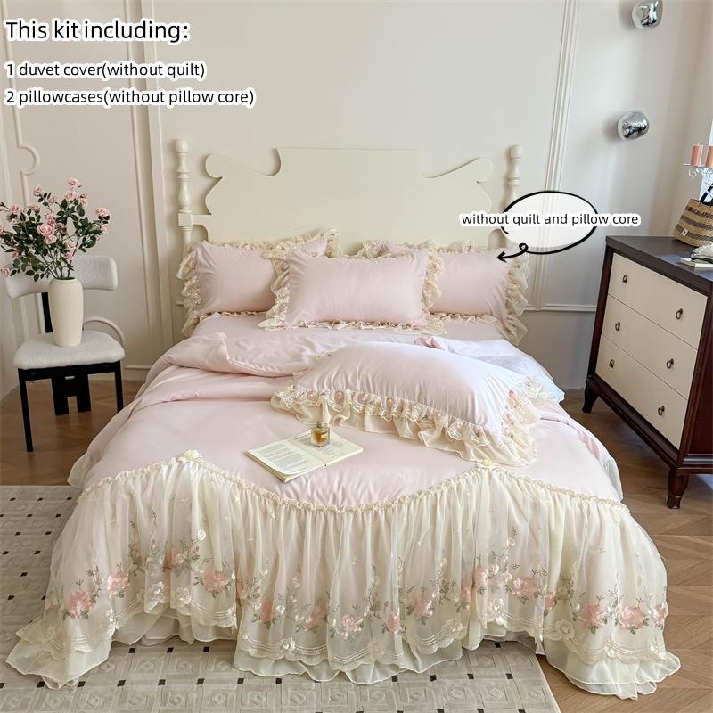 3-teiliges Bettbezug-Set im koreanischen Stil (1 * Bettbezug + 2 * Kissenbezug, ohne Kern), Spitze Stickerei Bettwäscheset 200x200cm 3pcs rosa von Joom DACH