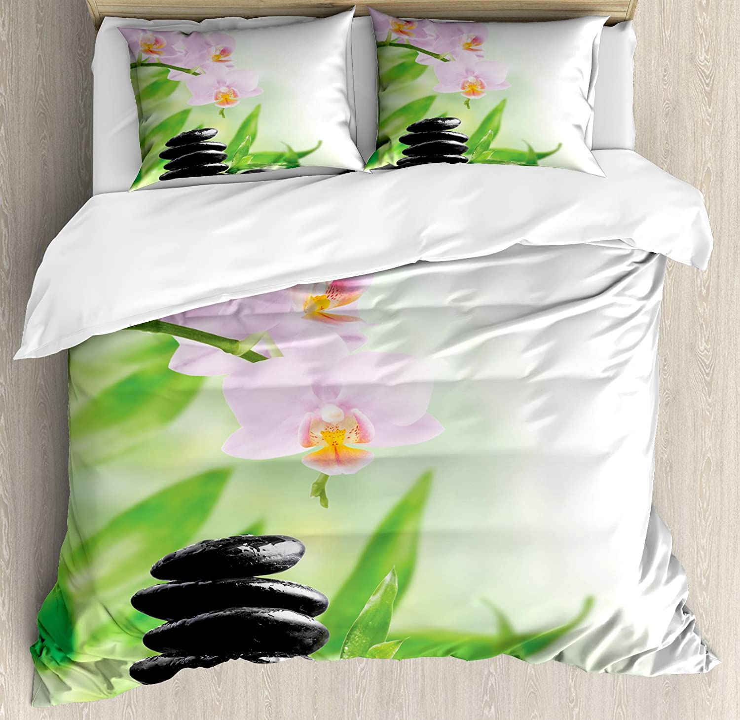 3-teiliges Bettwäsche-Set Bambus Orchidee Zen-Stein Heimtextil Bettbezug Kissenbezug Junge Kind Teenager Mädchen Bettwäsche Bezüge Set EU single(135x200cm) von Joom DACH