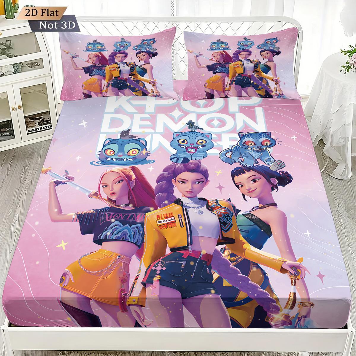 3-teiliges K-Pop Demon Hunters Bedrucktes Chipless Bettlaken-Set Mehrere Größen Weiche Bettdecke Schlafzimmer Bettwäsche Dekoration Maschinenwaschbar 140x200 von Joom DACH