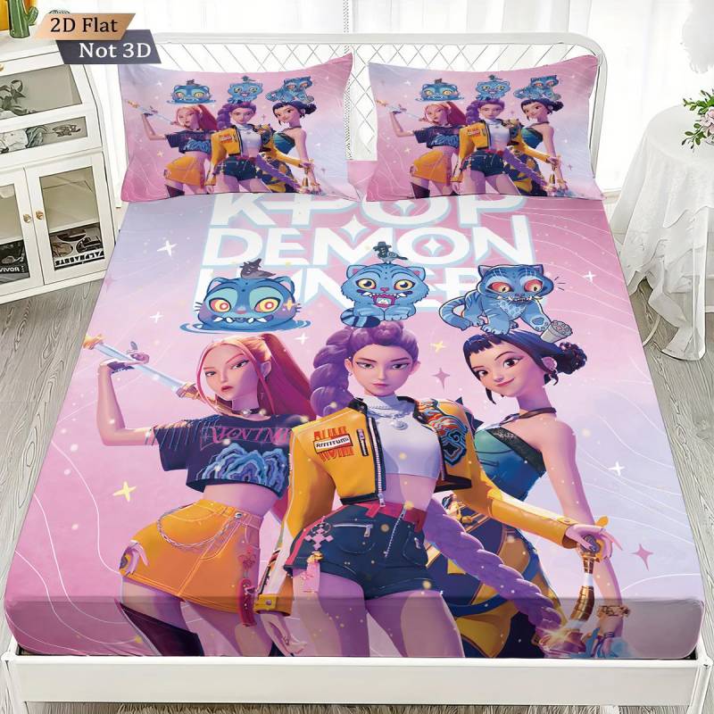 3-teiliges K-Pop Demon Hunters Bedrucktes Chipless Bettlaken-Set Mehrere Größen Weiche Bettdecke Schlafzimmer Bettwäsche Dekoration Maschinenwaschbar 140x200 von Joom DACH