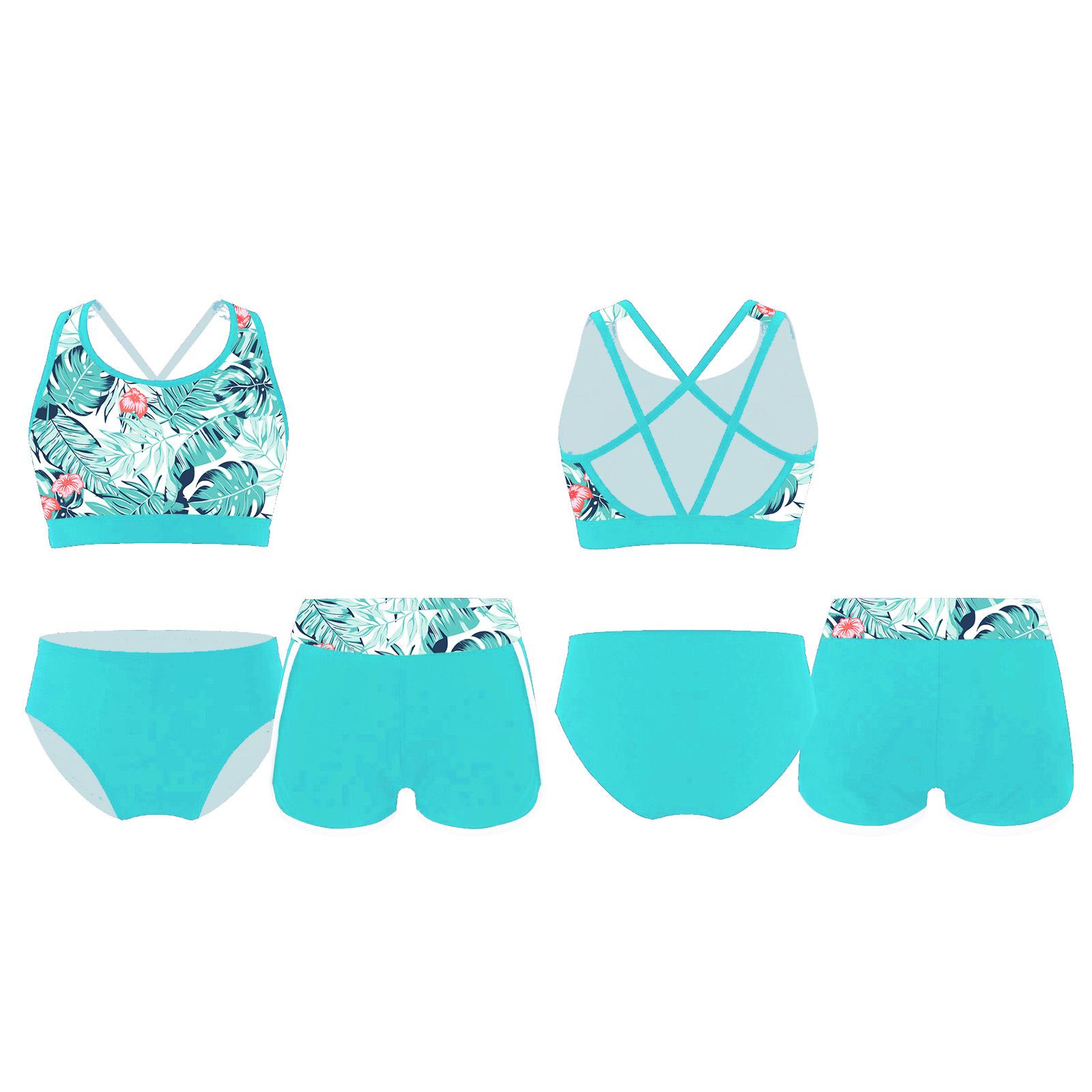 3-teiliges Kinder-Badeanzug-Set für Mädchen, U-Ausschnitt, bedrucktes Crop-Top mit Shorts und Slip, Strand- und Pool-Rashguard-Anzug 13-14 Years grün von Joom DACH