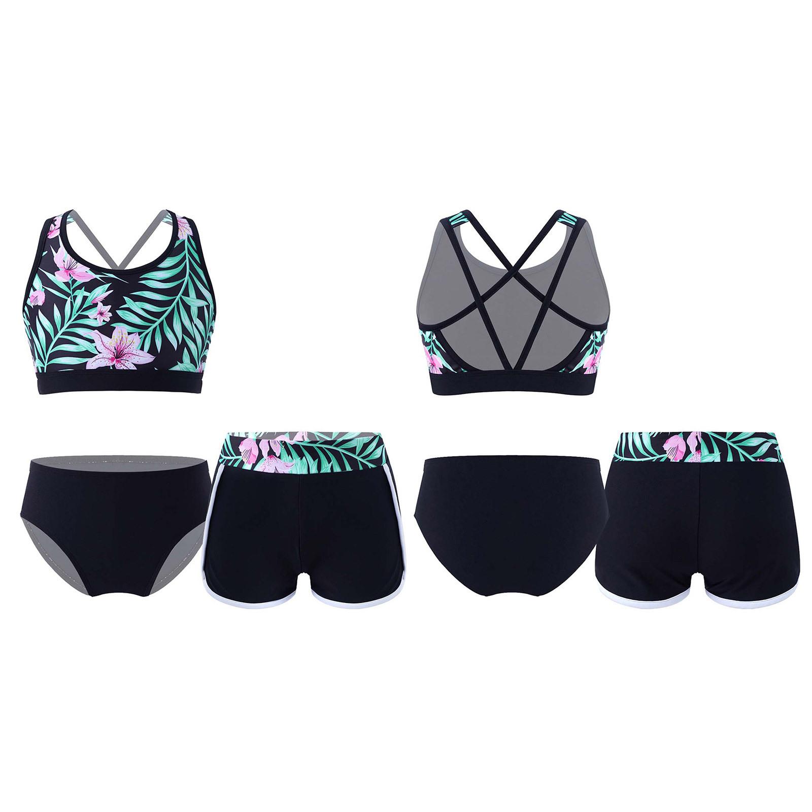 3-teiliges Kinder-Badeanzug-Set für Mädchen, U-Ausschnitt, bedrucktes Crop-Top mit Shorts und Slip, Strand- und Pool-Rashguard-Anzug 15-16 Years schwarz von Joom DACH