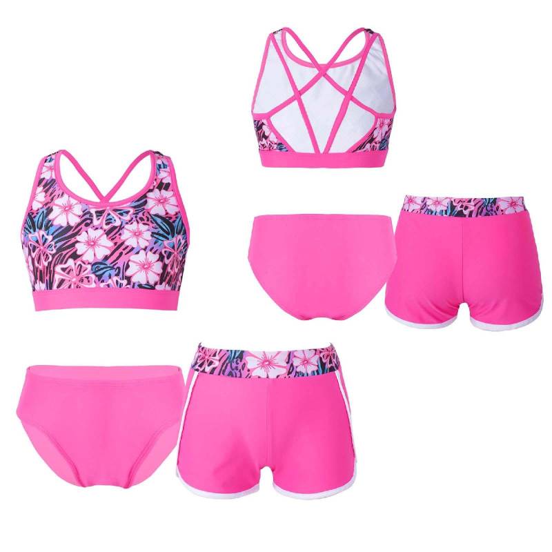 3-teiliges Kinder-Badeanzug-Set für Mädchen, U-Ausschnitt, bedrucktes Crop-Top mit Shorts und Slip, Strand- und Pool-Rashguard-Anzug 7-8 Years rose rot von Joom DACH