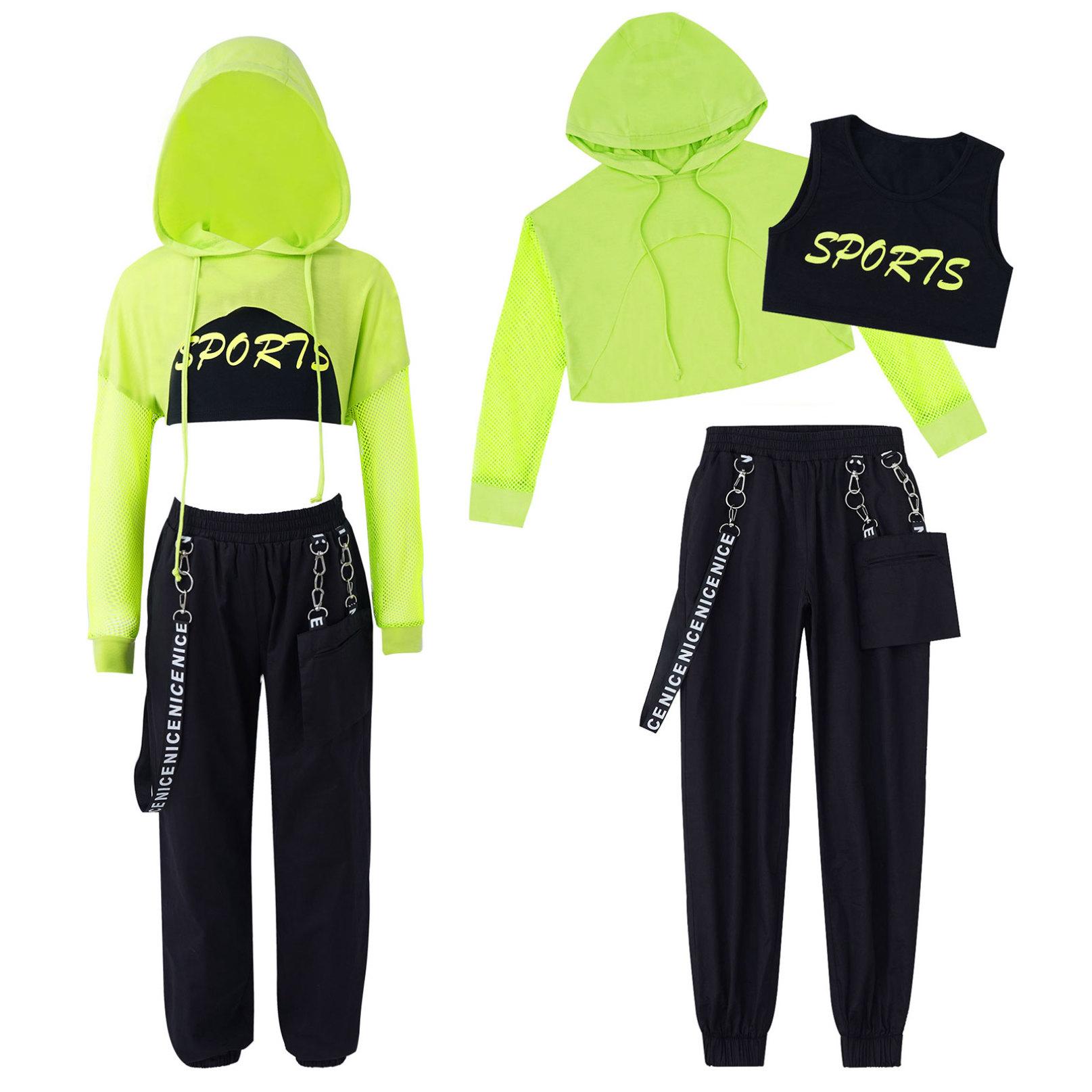 3-teiliges Mädchen-Hip-Hop-Tanzkostüm, Kinder-Street-Dance-Kleidungsset, abgeschnittenes Kapuzenpullover, Tank-Top, Trainingshose-Set 11-12 Years von Joom DACH