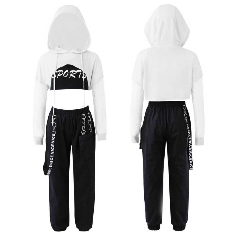3-teiliges Mädchen-Hip-Hop-Tanzkostüm, Kinder-Street-Dance-Kleidungsset, abgeschnittenes Kapuzenpullover, Tank-Top, Trainingshose-Set 9-10 Years weiß von Joom DACH