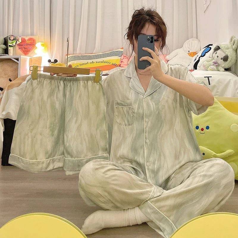 3-teiliges Nachtwäsche-Set für Damen, Sommer, neues kurzärmliges, lässiges, gestreiftes Pyjama-Set aus Kunstseide für Damen, luxuriöses Pyjama-Set M von Joom DACH