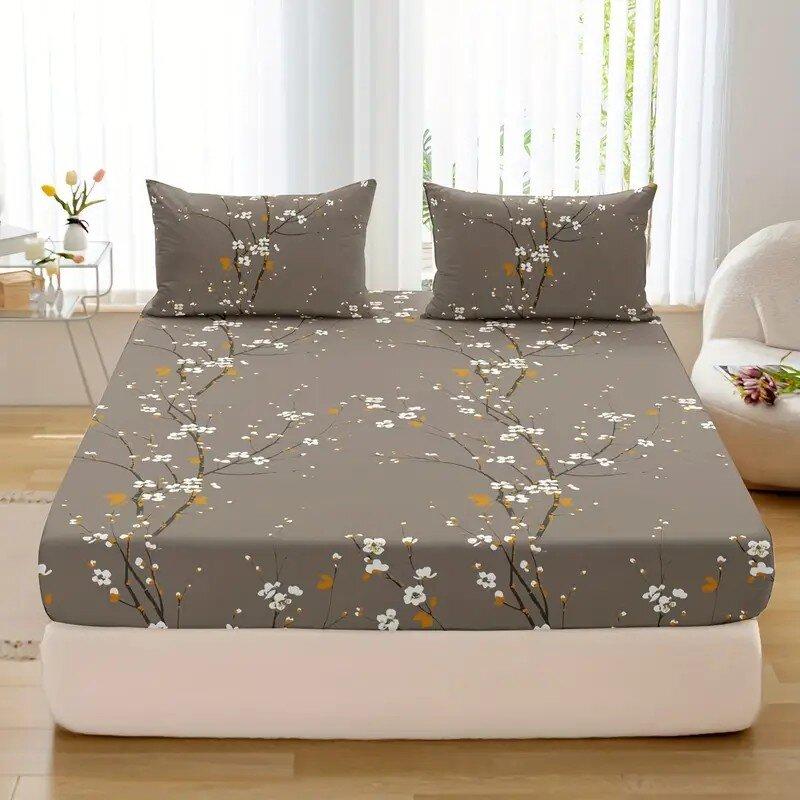 3-teiliges Pflaumenblüten-Bettlaken, Spannbettlaken*1, Kissenbezüge*2, ohne Kissenfüllung, 100% Polyester, elastischer Matratzenschoner ustwin 99x190cm von Joom DACH