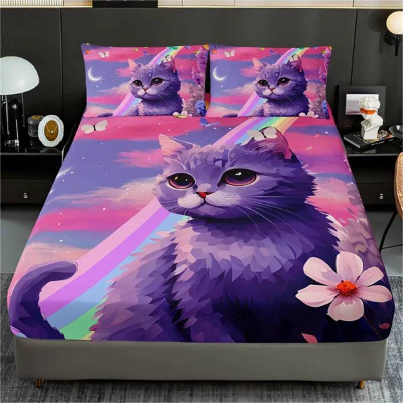 3-teiliges Spannbettlaken-Set mit niedlichem Cartoon-Katzen-Print, Schlafzimmerdekoration, lila blumiges Sternenhimmel-Muster Bettwäscheset 90x200x25cm von Joom DACH