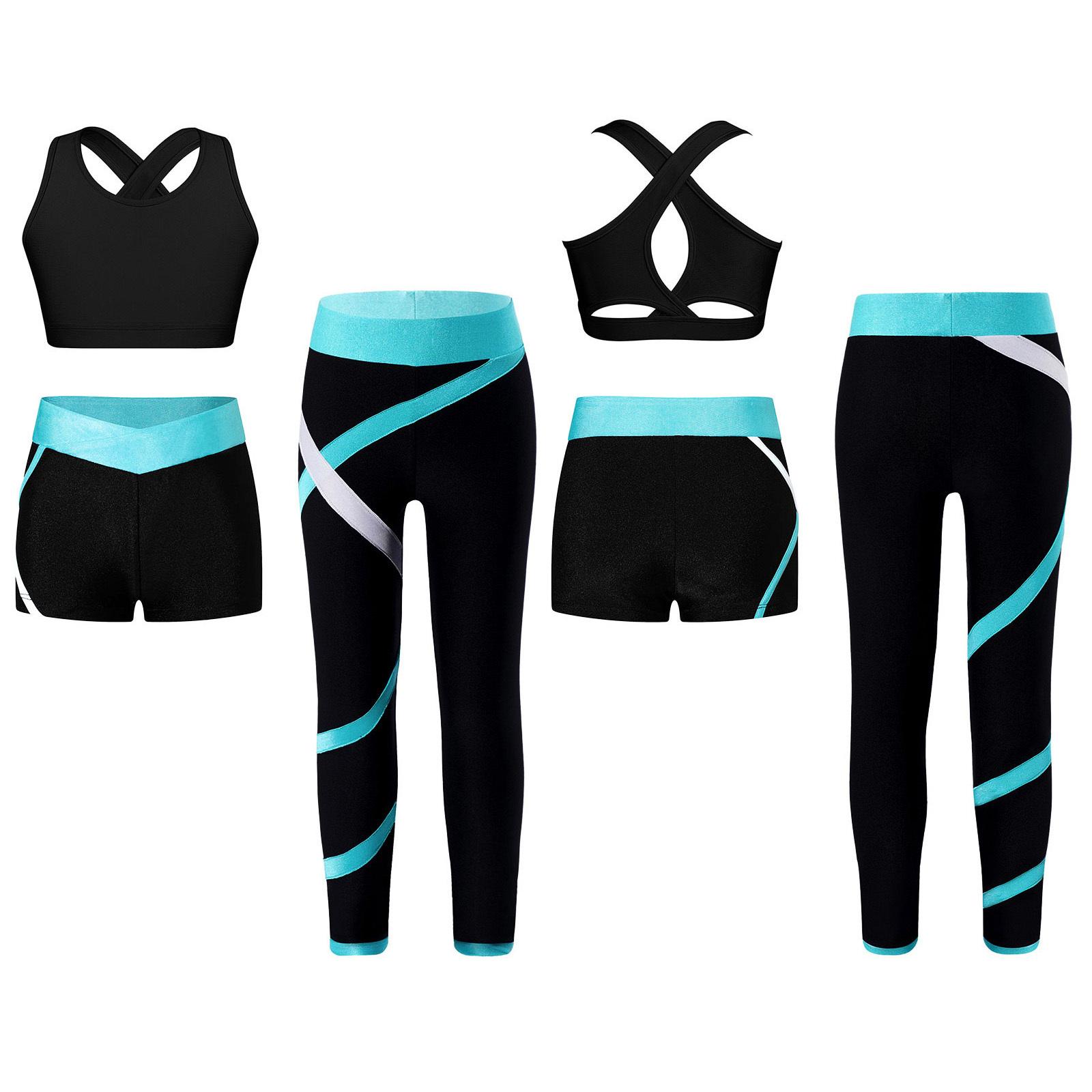 3-teiliges Tanz-Outfit für Kinder, Trainingsanzug für Mädchen, Cross-Nack-Tanktop, Sport-BH mit Yogahose, Leggings, Ballett-Shorts-Set von Joom DACH