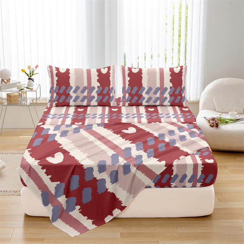 3-teiliges Valentinstags-Herzdruck Bettbaldachin Kissenbezug Set Romantisches Liebesthema Rotes Herzdesign Spannbettlaken Geeignet für Mädchen 90x200cm von Joom DACH