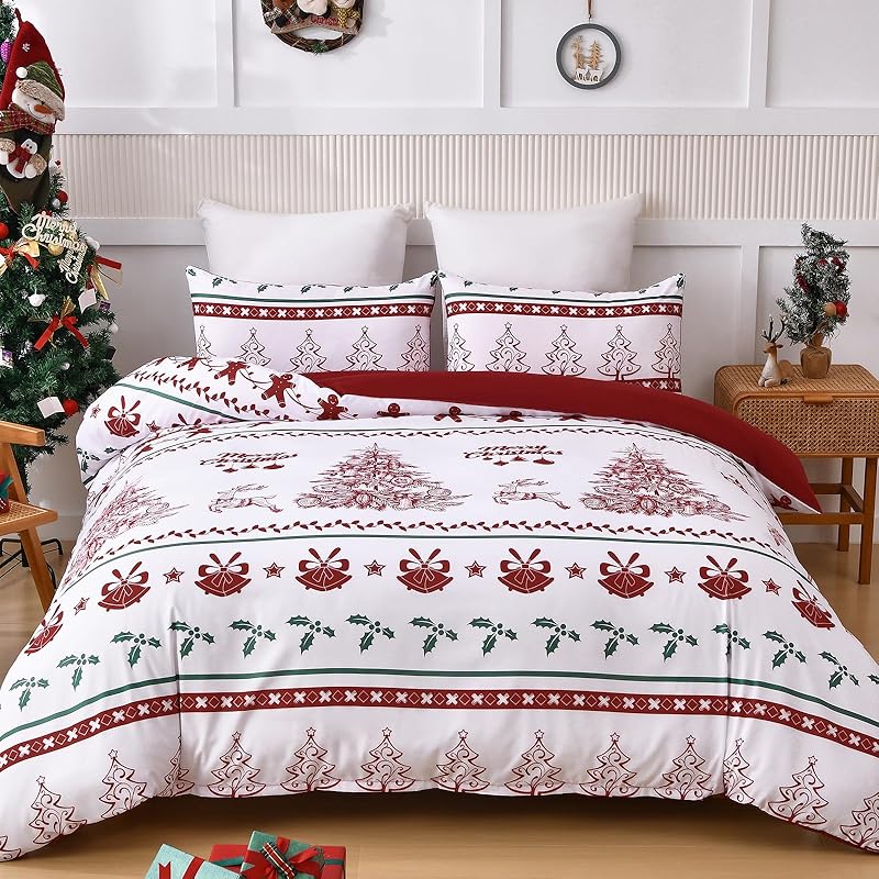 3-teiliges Weihnachts-Bettbezug-Set mit extra großer weicher ultrafeiner Faserbettwäsche, einschließlich 2 Kissenbezügen und Weihnachtsbäumchen-Hirsch-Muster EU single(135x200cm) von Joom DACH