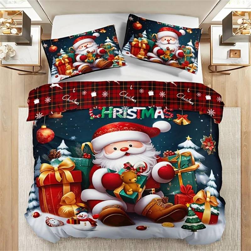 3-teiliges Weihnachts-Bettwäsche-Set - Bettbezug und Kissenbezüge mit Santa- und Schneemann-Print, Atmungsaktives Polyester, Maschinenwaschbar - Perfekt EU Single 135x200cm von Joom DACH