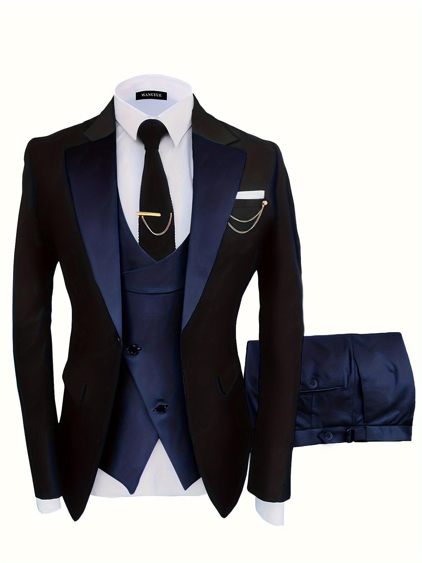 3-teiliges formelles Anzug-Set – Herrenjacke mit einem Knopf, Weste und Hose – für Business, Abendessen, Hochzeit und Party – perfektes Geschenk für Männer S navy blau von Joom DACH