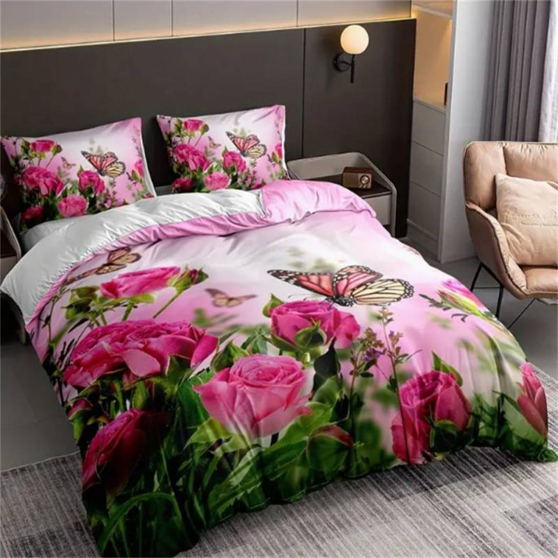3-teiliges luxuriöses rosa Rosen-Schmetterling Digitaldruck Bettbezug-Set - Ultraweich, bequem und mit lebhaftem Design für das Schlafzimmer EU Single 135x200cm von Joom DACH