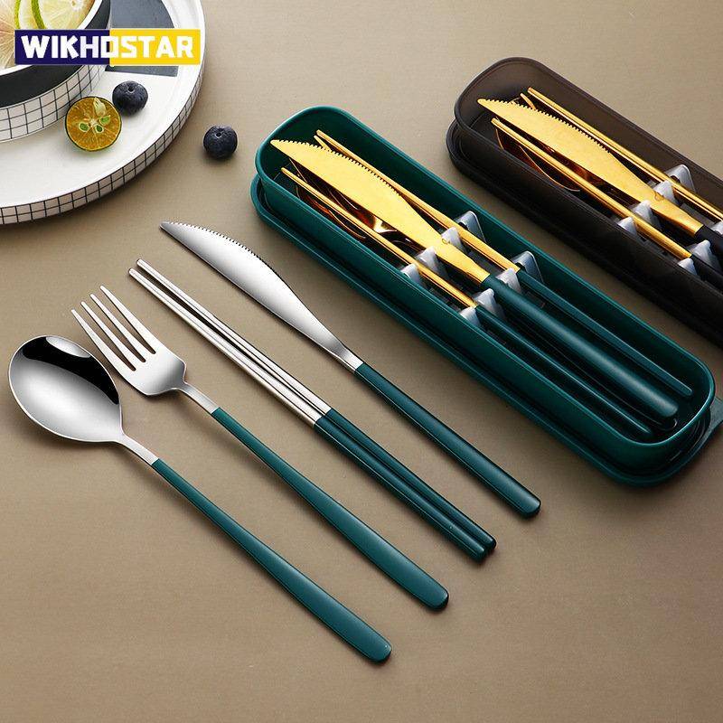 304 geschirr Set Tragbare Besteck Set Geschirr Set Hohe Qualität Edelstahl Messer Gabel Löffel Reise Besteck Mit Box silber/blau von Joom DACH