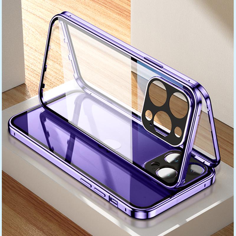 360-Grad-Metall-Magnetgehäuse für iPhone 16 15 14 Plus 13 12 Pro Max Aluminium-Stoßfänger mit Schnappverschluss, doppelseitige Glas-Telefonabdeckung For iPhone 16 Pro violett von Joom DACH