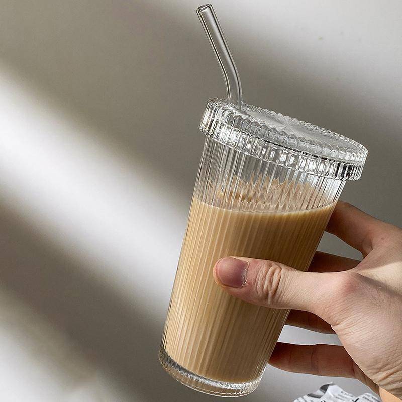 380Ml Simple Stripe Glass Cup With Lid And Straw Transparent Tea Cup Juice Glass Beer Can Milk Mocha Cups Breakfast Coffee Mug von Joom DACH