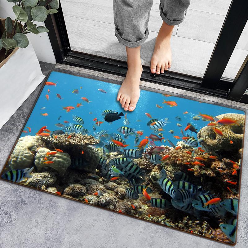 3D-Badezimmerteppich mit Unterwasserfischen, 4 Größen, Oberseite aus Flanell mit Latexpunkten, schnell saugfähige Fußmatte für Dusche, Eingang, Schlafzimmer 60x90cm von Joom DACH